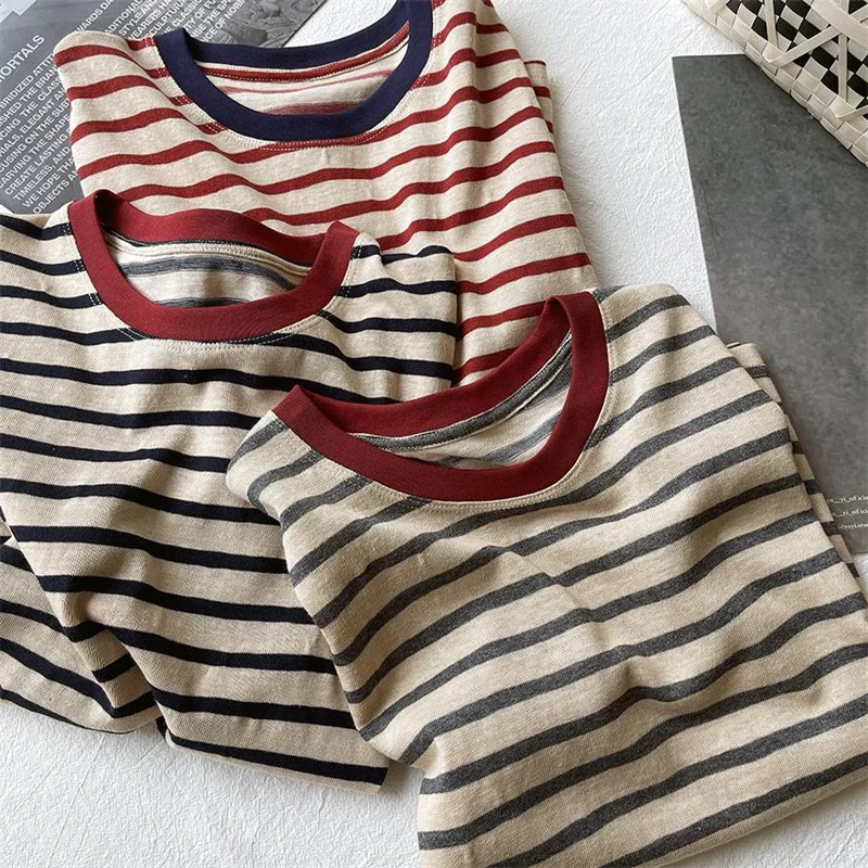 Retro Color Block Striped round Neck Short Sleeve T-Shirt Women's Loose Slimming Versatile Base Shirt Summer New Style Top