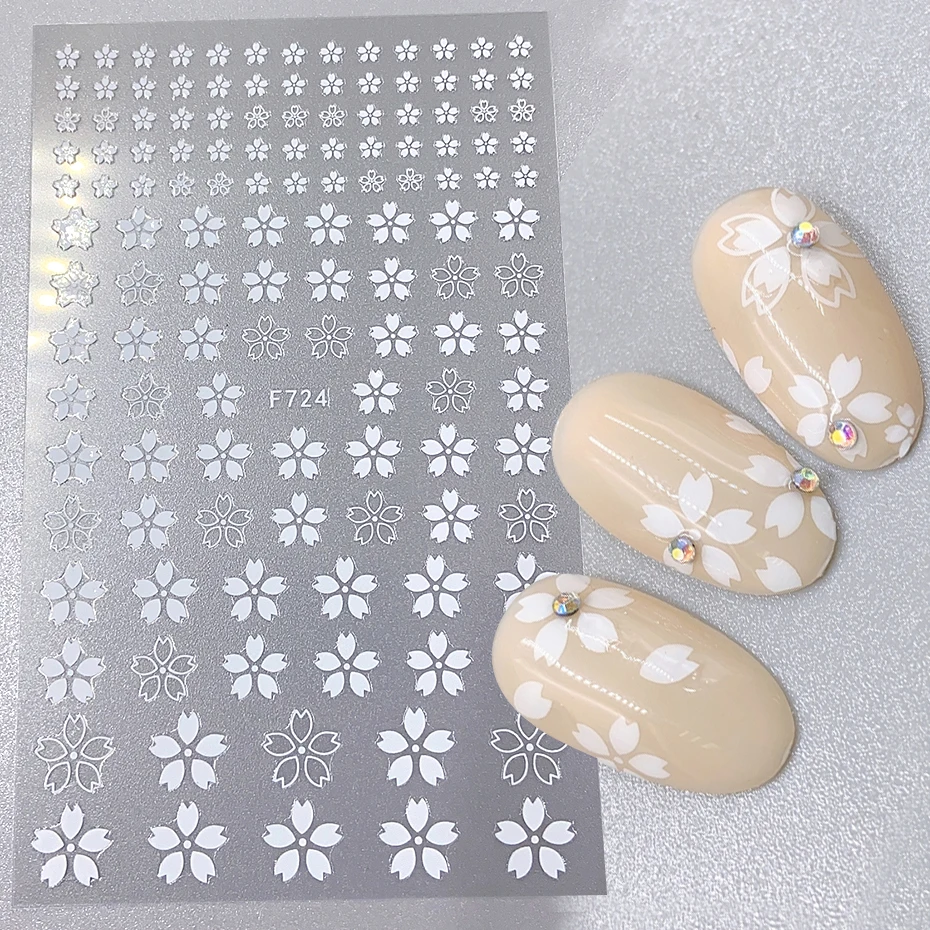 4pcs Sakura Flower 3D Nail Stickers White Cherry Blossom Nail Art Decals Spring Summer Adhesive Slider Decor Wedding Manicure