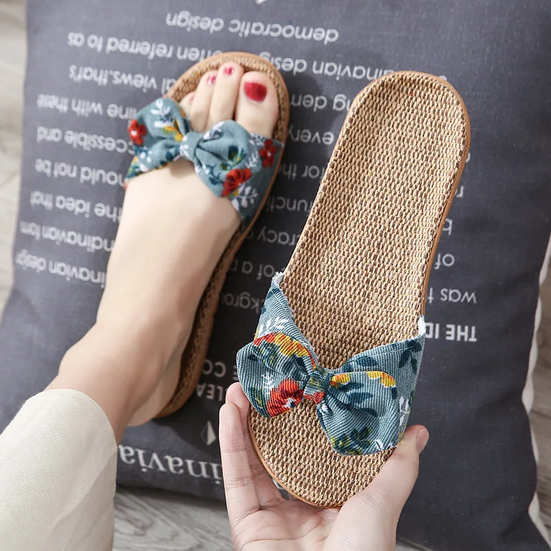 Summer Women Slippers Home Female Bowknot Flax Slippers Linen Flip Flops Bohemia Beach Sandals Slipper Chaussure Femme