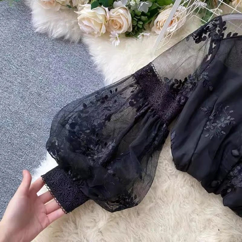 French Vintage Mesh Lace Blouse Women Elegant Puff Sleeve Sheer Casual Shirt Stand Collar Sweet White Spring Summer Jacquard Top view 4
