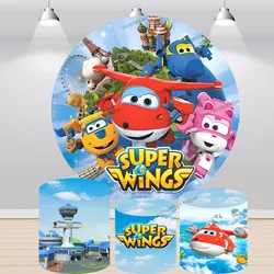Super Wings Birthday Backdrop Round Cover Boy Happy Party Background Baby Shower Photo Elastic Pedestal Banner Poster Decoration