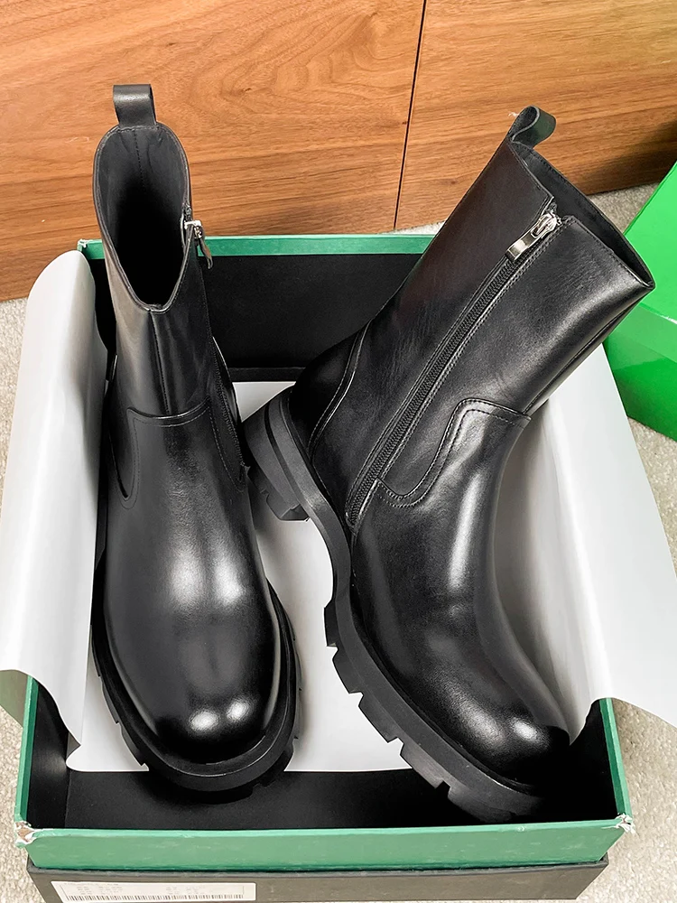 Luxury Men Riding Boots Genuine Leather Thick Sole Mid Calf Chelsea Boots British Long Motorcycle Boots Outdoor Work Shoes