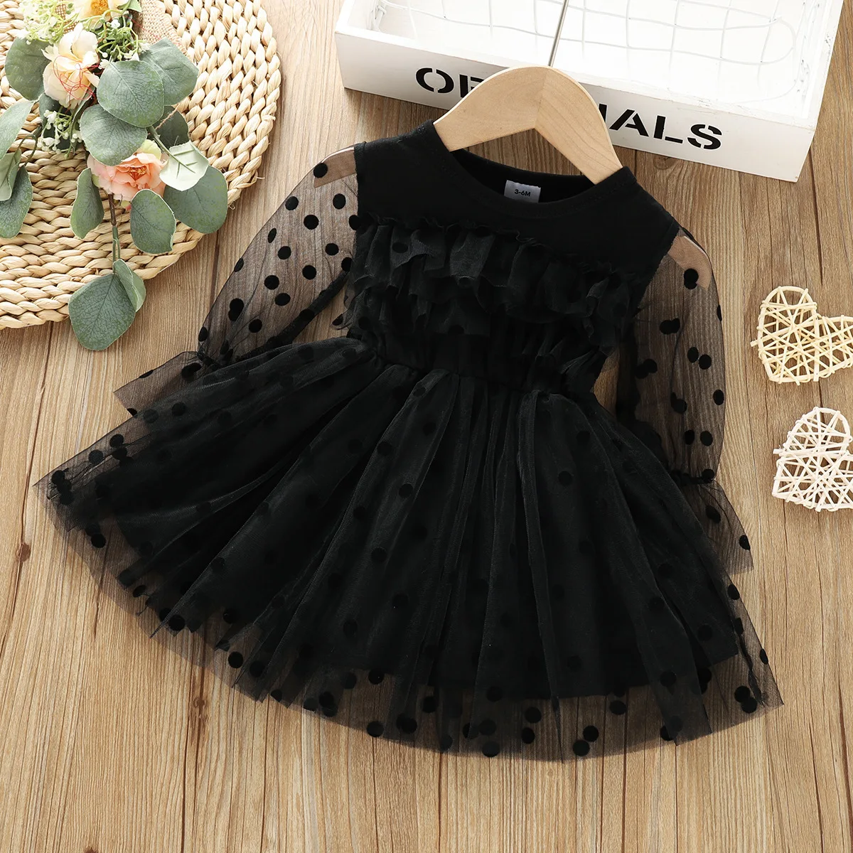 Spring and Autumn New Small and Medium Girls Baby Dot Lace Long sleeved Solid Princess Dress