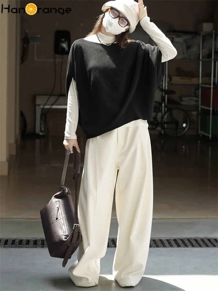 한오렌지 2025 가을/겨울 패션 릴렉스 O넥 원피스 소매 루즈 스웨터 부드러운 피부 친화적 탑 블랙/카키/커피