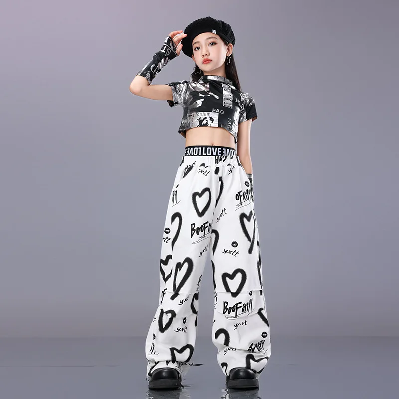 Hip Hop Kinder Cool Crop Top Street Dance Liebe Hosen Mädchen Streetwear Kinder Jazz Cheerleader Kostüme Teenager Bühne Kleidung Sets