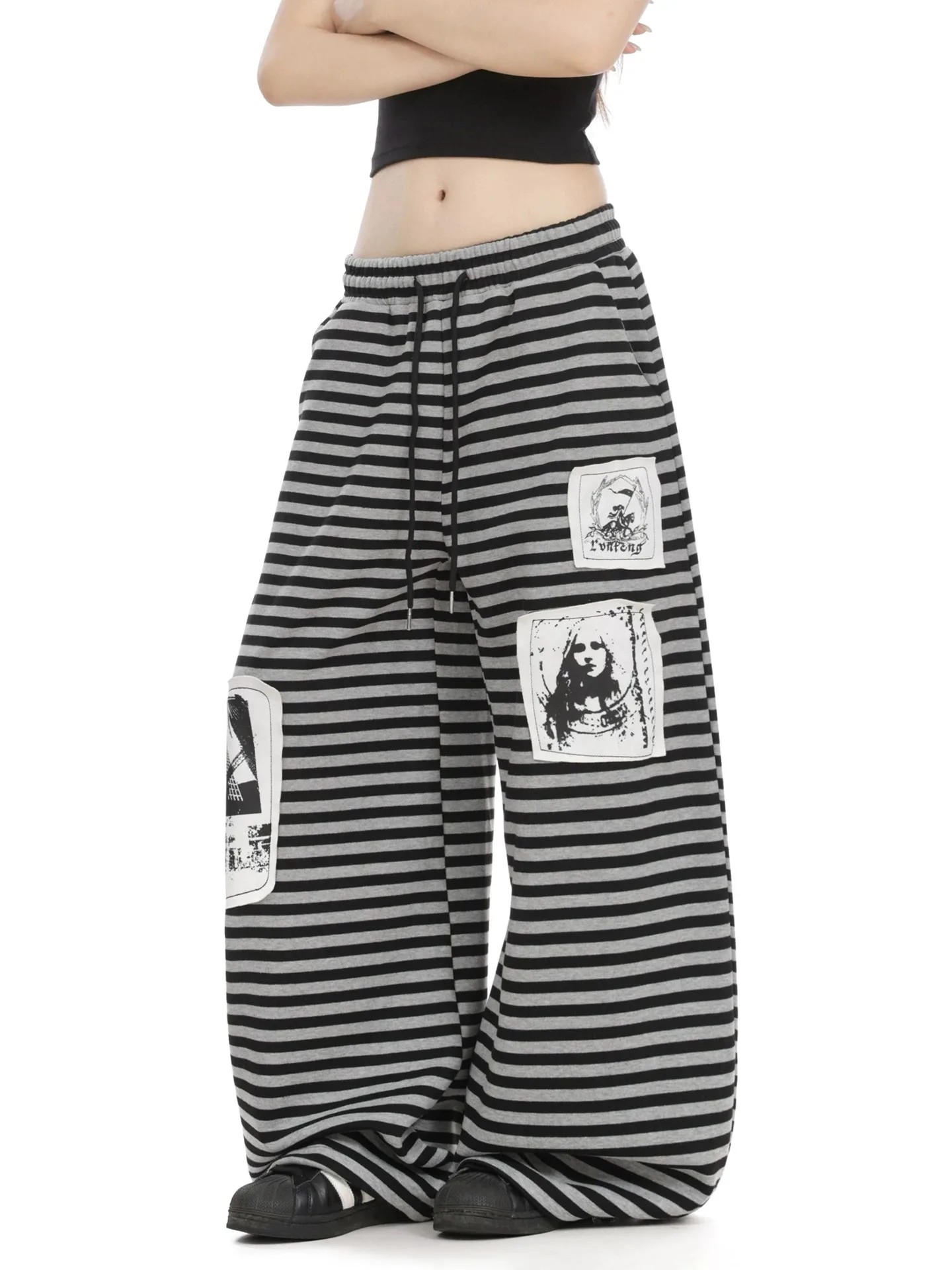 American Style Vintage Patchwork Striped Wide Leg Pants Women's Spring Autumn Loose Slimming Drawstring Casual Pants