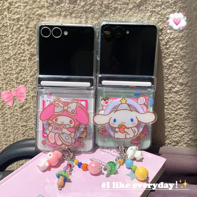 

Cute Sanrio Yugui Dog Melody Drawing Card Phone Case For Samsung Galaxy Z Flip 7 6 5 4 3 with Magnetic Bracket Lanyard
