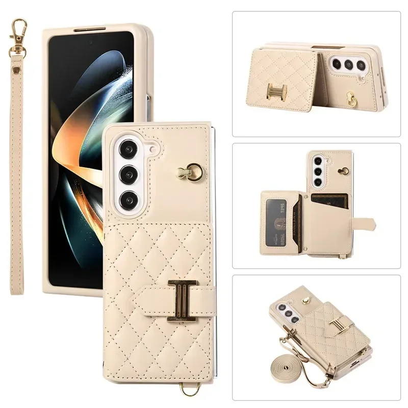 

Luxury Wrist Rope Leather Wallet Card Phone Case for Samsung Galaxy Z Fold 5 4 3 Fold5 Fold4 Fold3 Crossbody Lanyard Cover