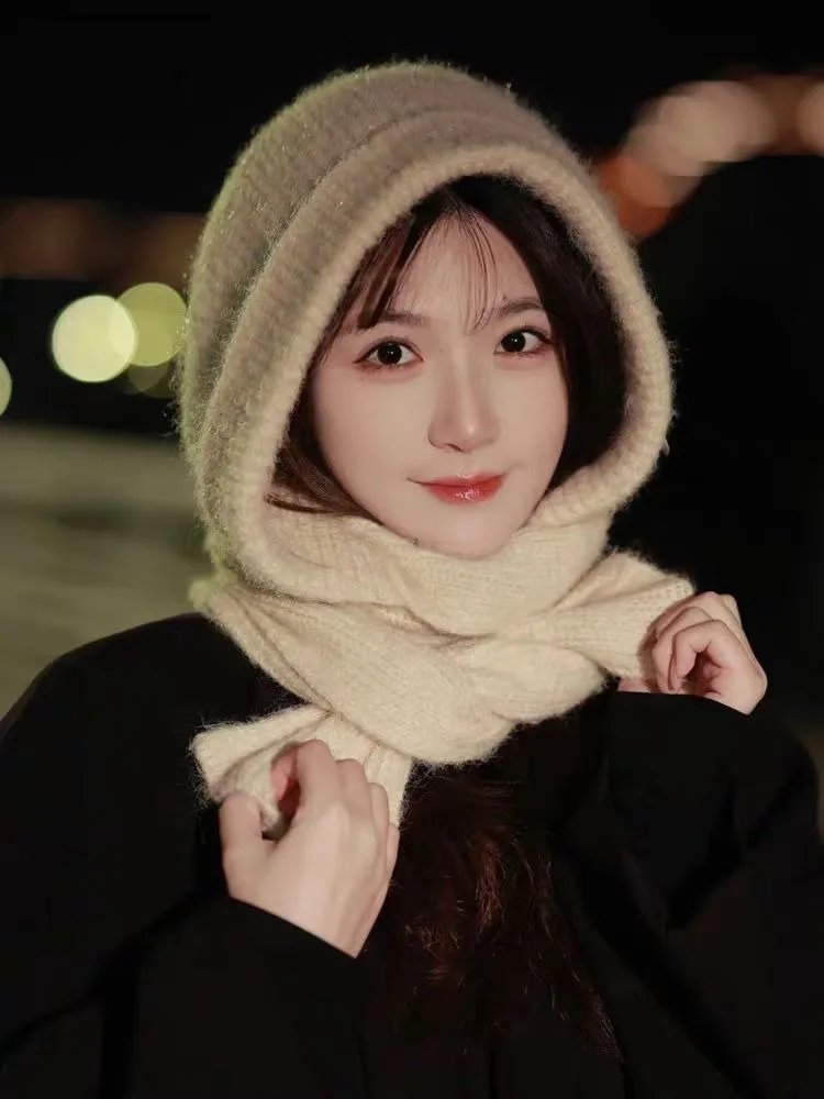 Multicolor Balaclava women's autumn and winter warm wool hat scarf integrated hooded scarf knitted hat trendy