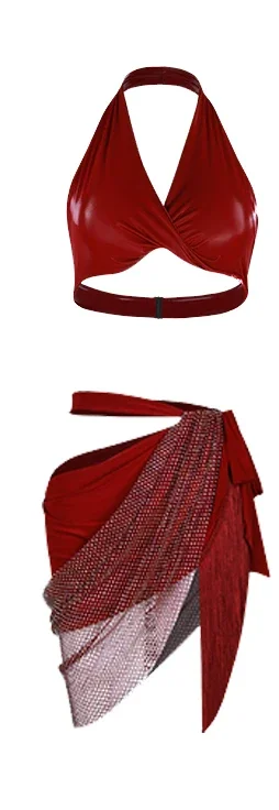 Abito con gonne divise con collo appeso Abito Chacha Rumba Tango Abito da spettacolo latino ZYM Costumi di danza latina per ragazze