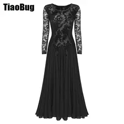 Womens Lace Patchwork Ballroom Dance Dresses Long Sleeve Dress for Waltz Cha-Cha Performance Competition