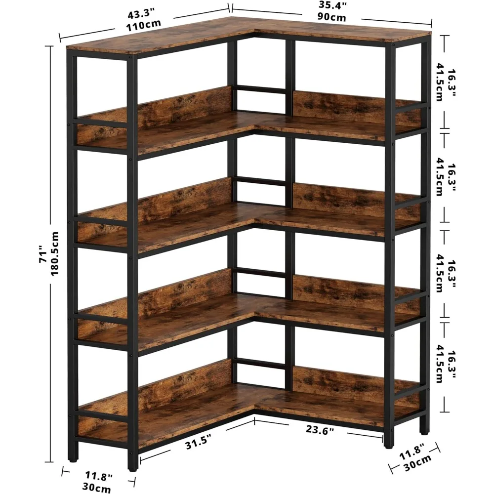 5 Tier Corner Bookcase, Industrial Bookcase, Multi-Tier Bookcase, Storage Shelf with Metal Frame, L-Shaped Vintage Bookcases