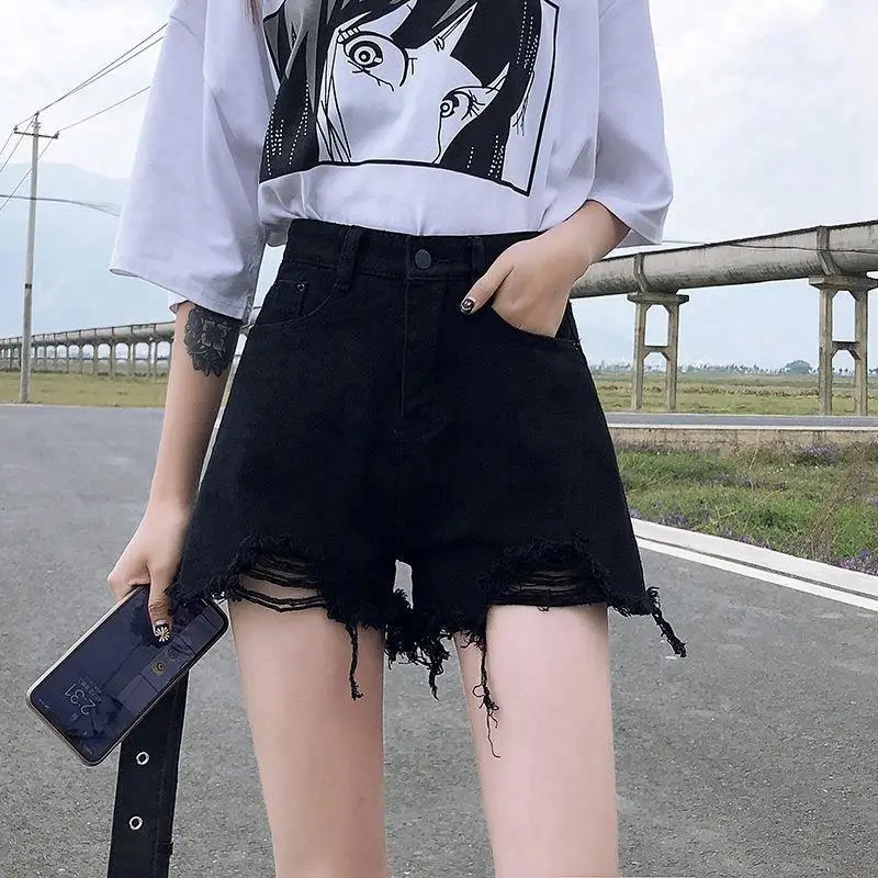 Summer  High Waist Loose Women's Denim Shorts Torn Frayed A-Line Hot Pants Wide Leg Jeans Short Skirts Trendy Shorts