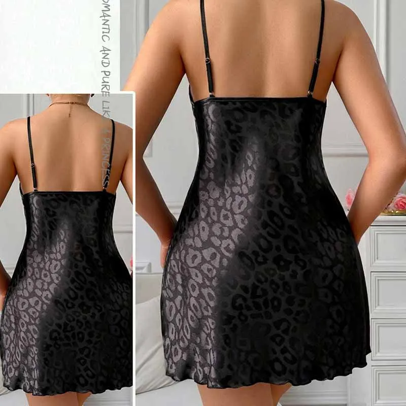 Women Black Leopard Print Mini Nightgown Sexy Spaghetti Strap Nightdress Homewear Comfy Intimate Lingerie Thin Nightwear Bathrob