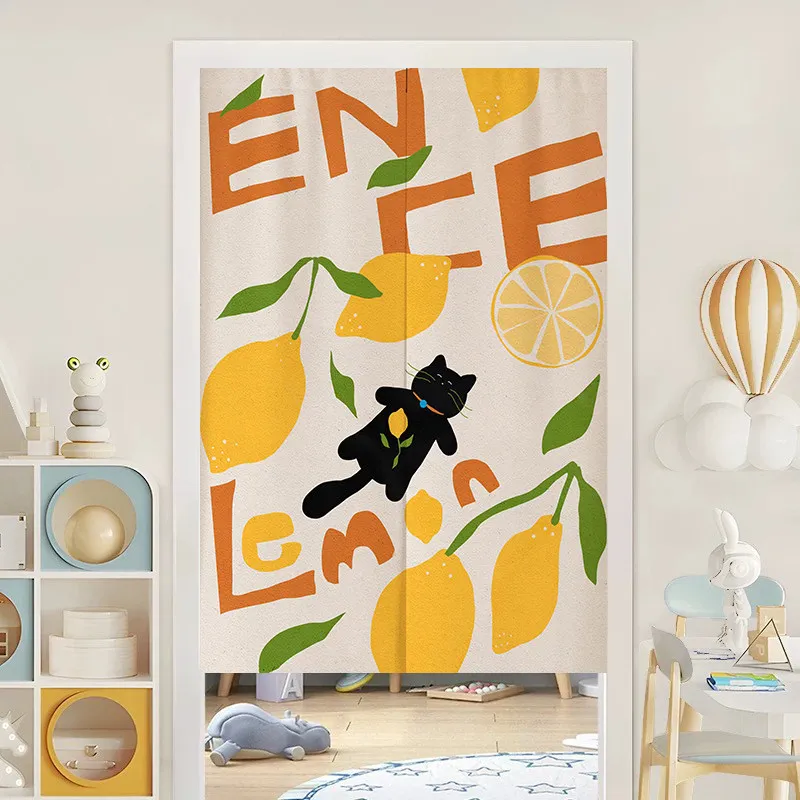 VIKAMA Lemon Black Cat Noren Door Curtain Cartoon Fruit Print Hanging Curtain Kids Bedroom Door Partition Ins Home Decor