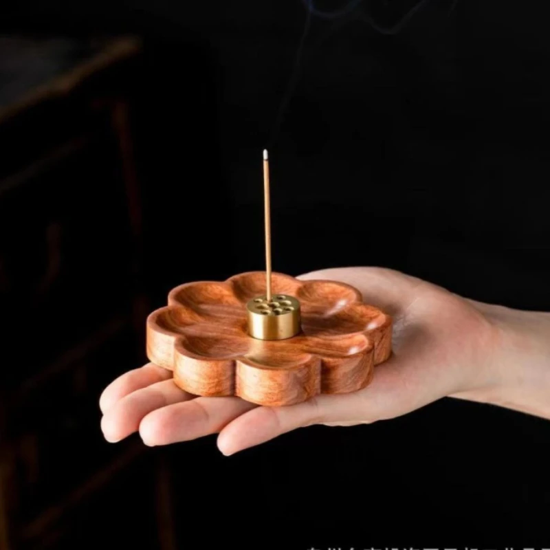 Traditional Cherry Blossom Plum Blossom Solid Wood Incense Holder Indoor Sandalwood Incense Base Brass Household Tea Rooms
