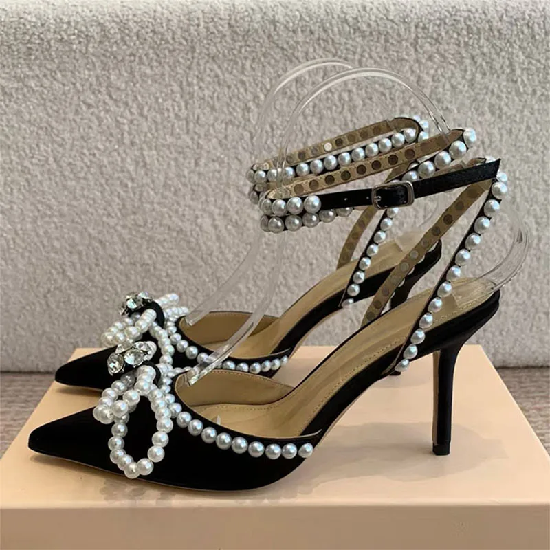 

New High Heels Shoes Women Pearl Butterfly-knot Party Shoes Woman Pointed Toe Stiletto Sandals Ankle Strap Modern Pumps Woman