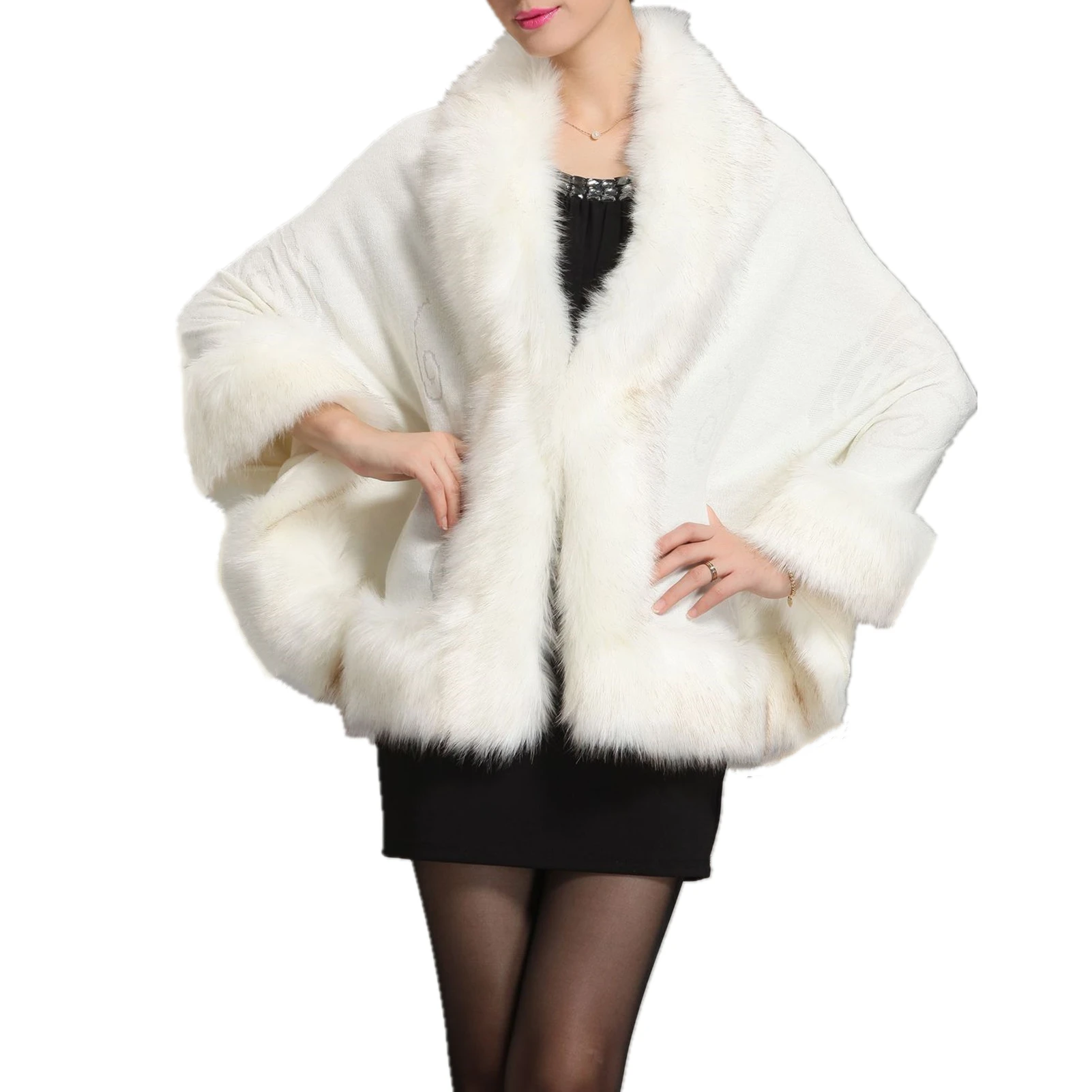 Women's Winter Luxury Bridal Faux Fur Shawl Wraps Wedding Sweater Cloak Cape Party Coat