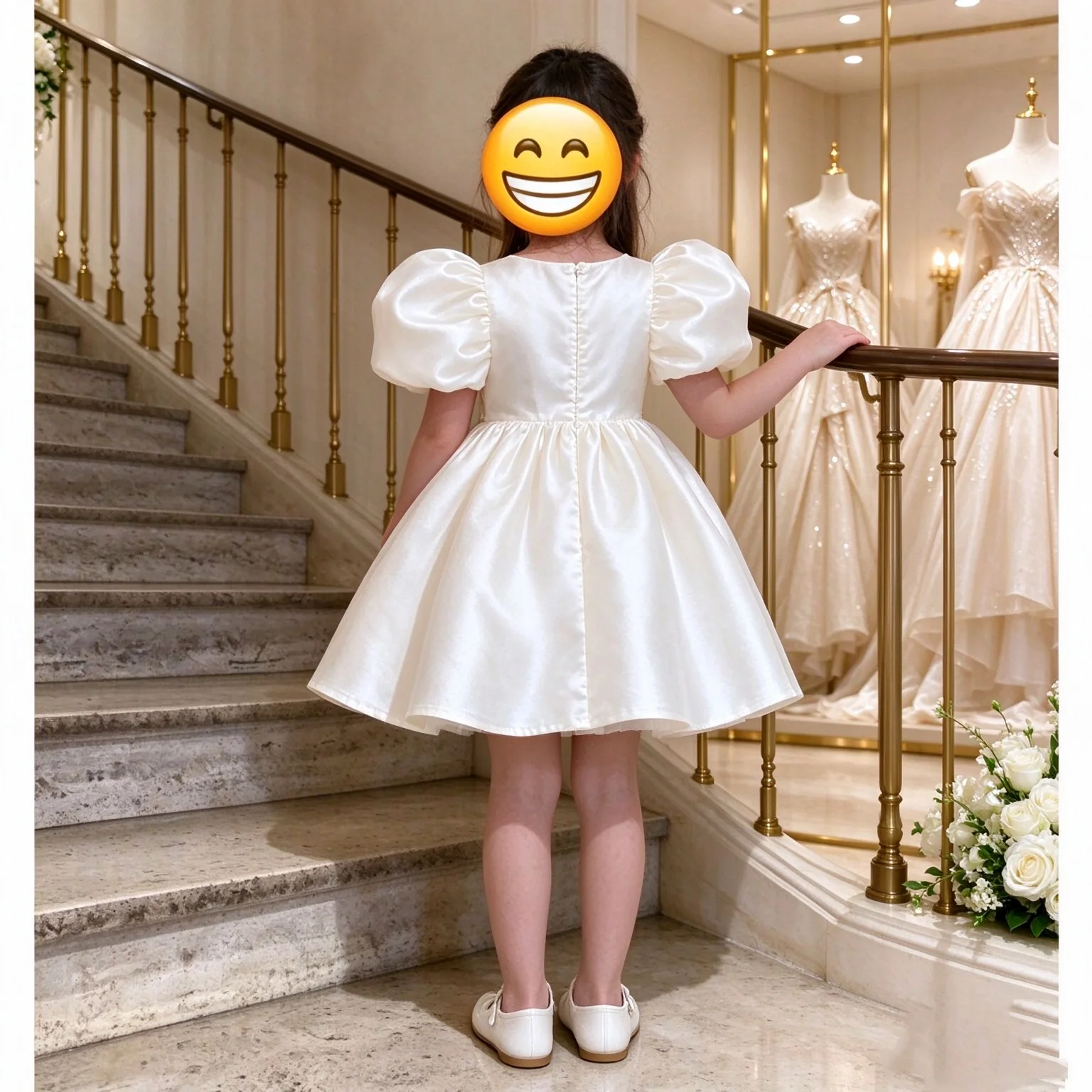 Girls White Satin Puff Sleeve Dress Round Neck High Waist A-Line Midi Gown Kids Flower Girl Wedding Party Princess Vestidos
