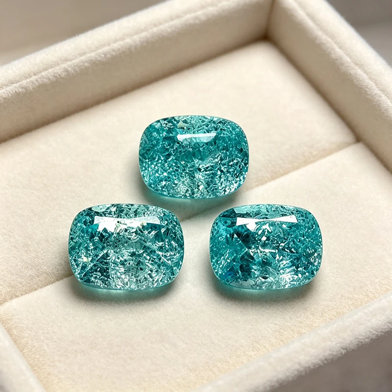 Lab Grown Paraiba Cushion Shape Tourmaline Gemstone Cracked Ice Cut for Jewelry Making Selectable Material with AGL Certificate
