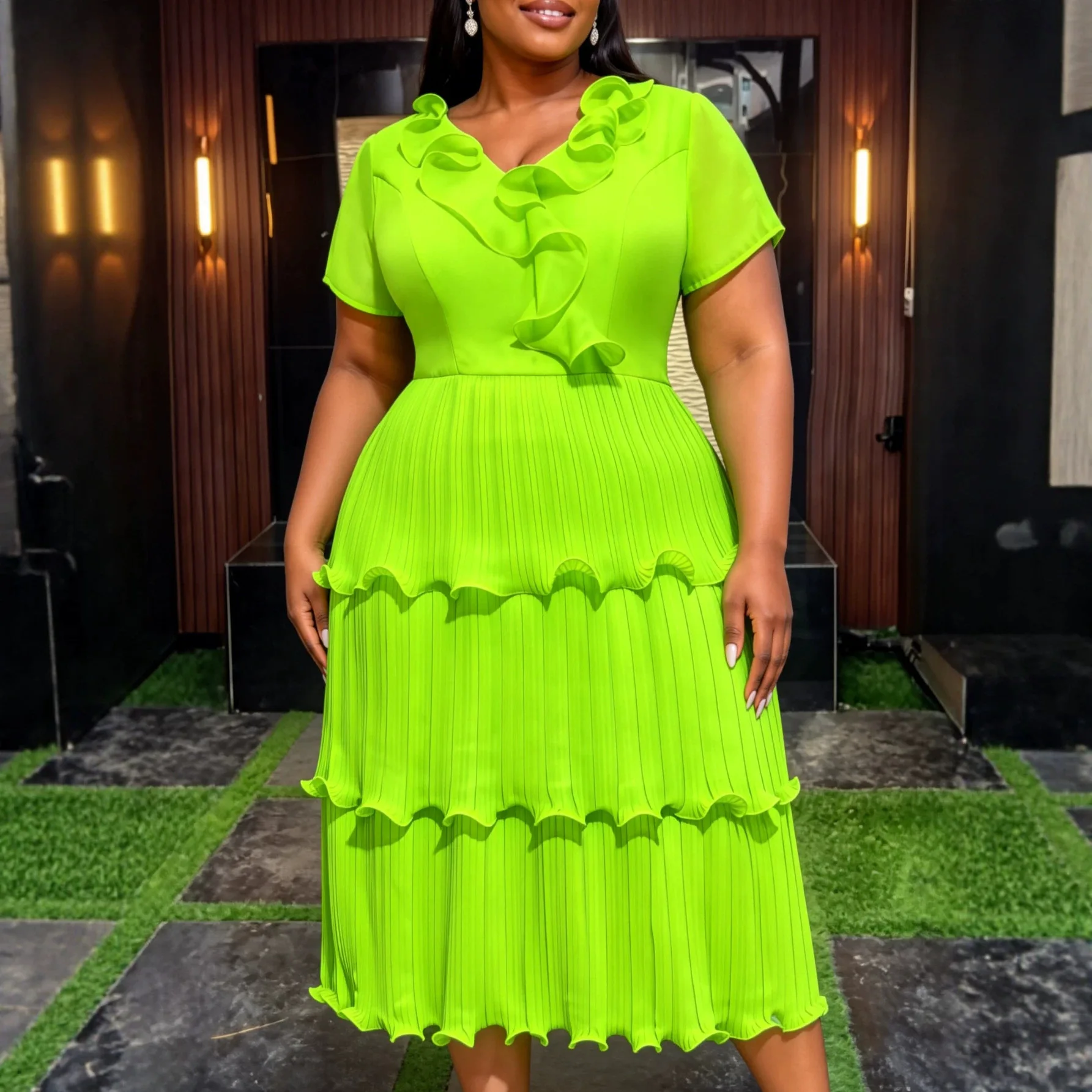 Plus. Size. New Women's V-neck Rule 124; Rule 124; Clothes, Short-sleeved Pleated Cake Clothes, Party Evening Clothes