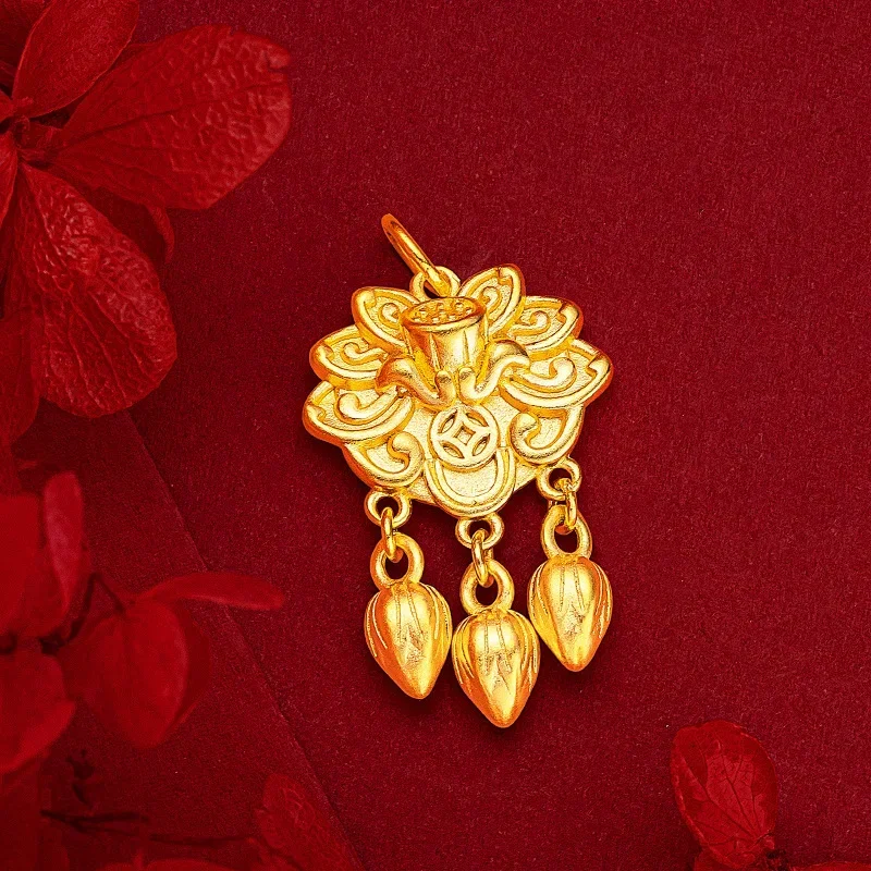 9999 Real Gold 24K Golden Lotus Pendant New Chinese Temperament Money Lotus Pendant Necklace Pendant New Sweater Chain