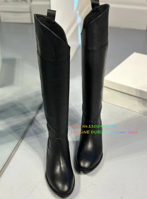 

Genuine Leather Knee High Boots Women Round Toe Slip-on Motorcycle Boots Black Flat Shoes Women High-Quality Long Boots Woman