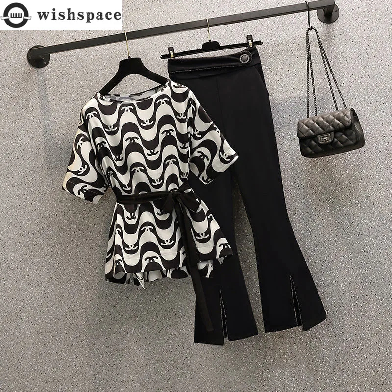 

Large Womenswear Spring Summer 2022 New Fashion Print Lace Up Short Sleeve T Shirt Flare Pants Two Piece Women's Suit