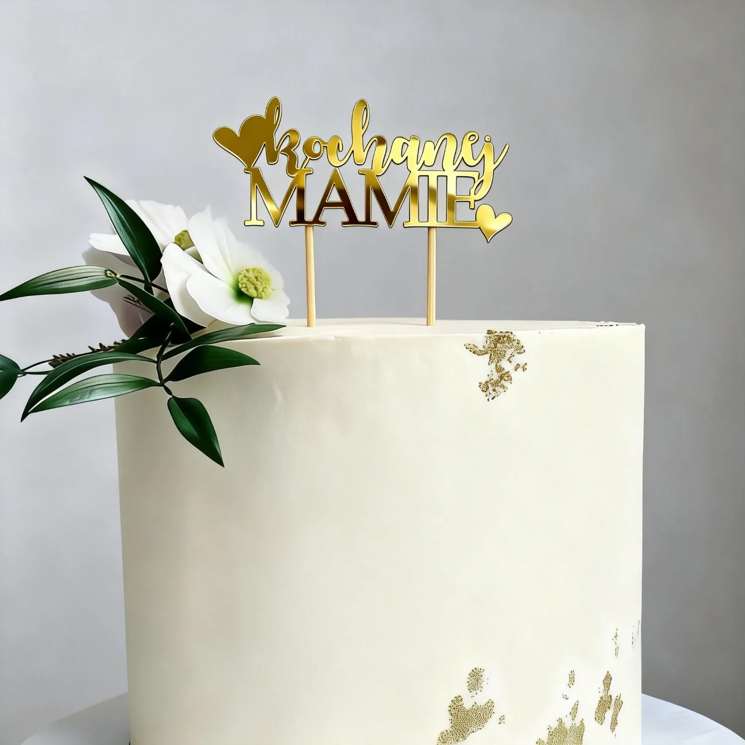 1pc Golden Glitter Dzien Matki Cake Topper with Hearts, Polish Mothers Day Cake Decor for Mom