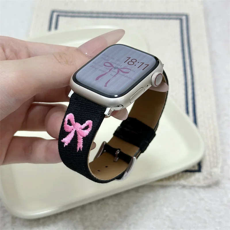 y2k Retro Cute Bow Embroidery Band For  Watch Band Ultra2 49 45 44 41 42 38 40 Correa Band For Iwatch Series 9 8 SE 7 6 5 4