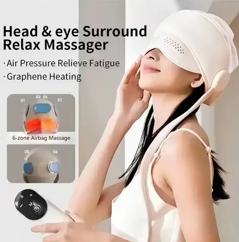 Massageador de cabeça com aquecimento de grafeno – Pressão de ar e compressa quente ocular para relaxamento e melhor sono, melhora o estresse do sono