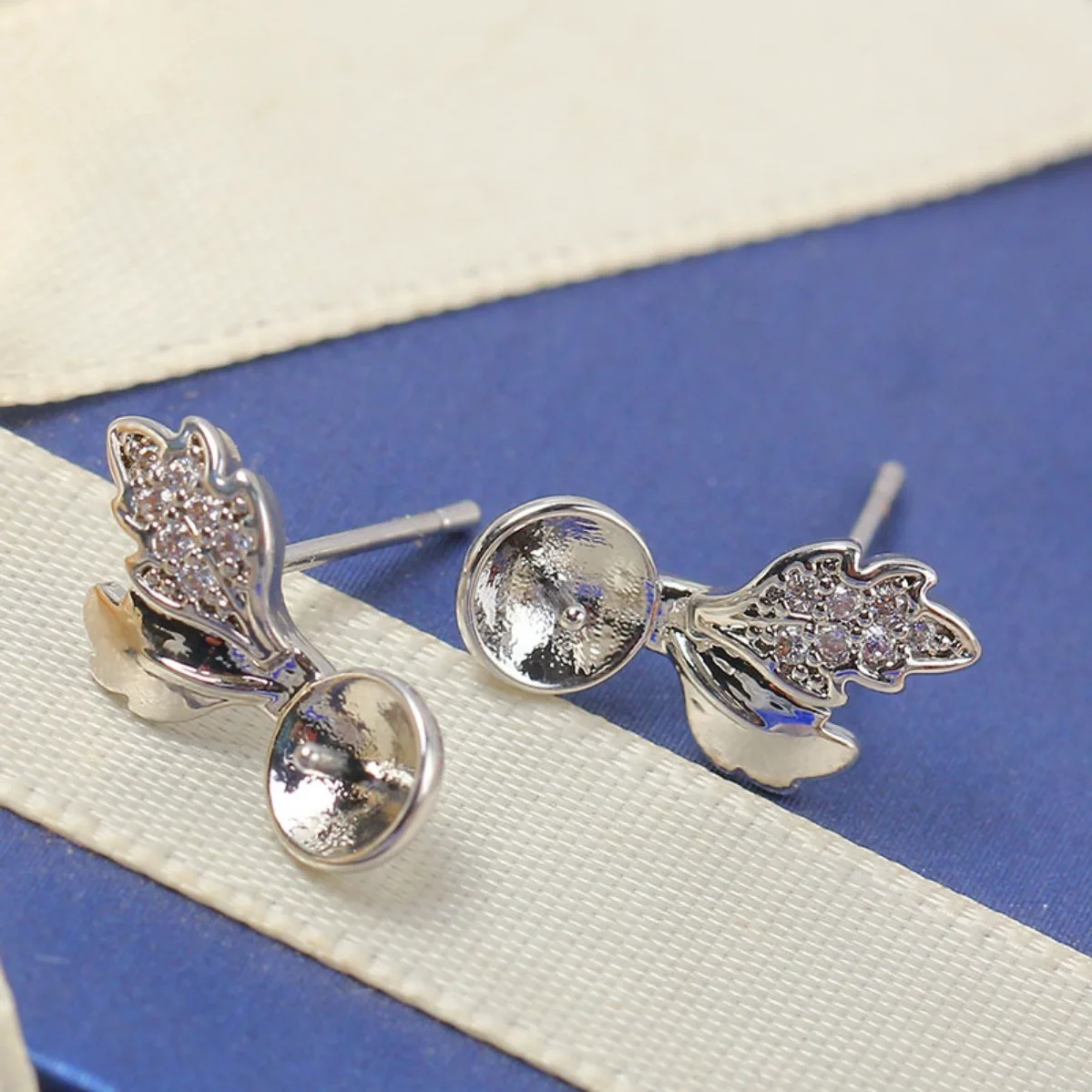 Elegant Women Brass 14K Gold‑Filled Leaf CZ Blank Setting Handmade Findings For DIY Pearl S925 Silver Needle Stud Earring