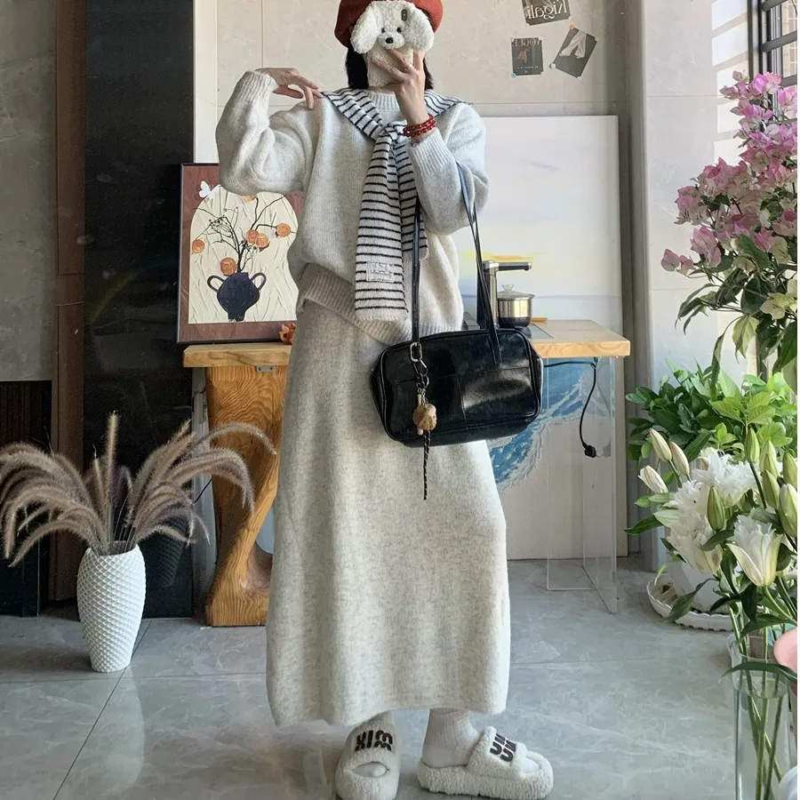 

Autumn Winter College Sle Loose Soft Cozy Women's Sweater Top Hooded Striped awl f Skirt Tee Piece Set Slimming Effect