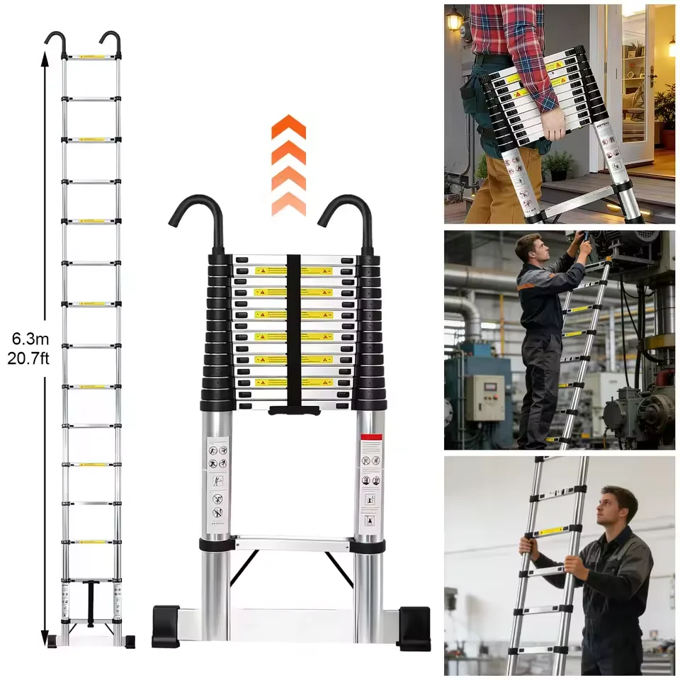 6,3M Telescopische Ladder Roestvrij Staal Opvouwbare Draagbare Verlengladder 150KG Draagvermogen EN131 Antislip Met Haken Voor Thuis- en Campergebruik