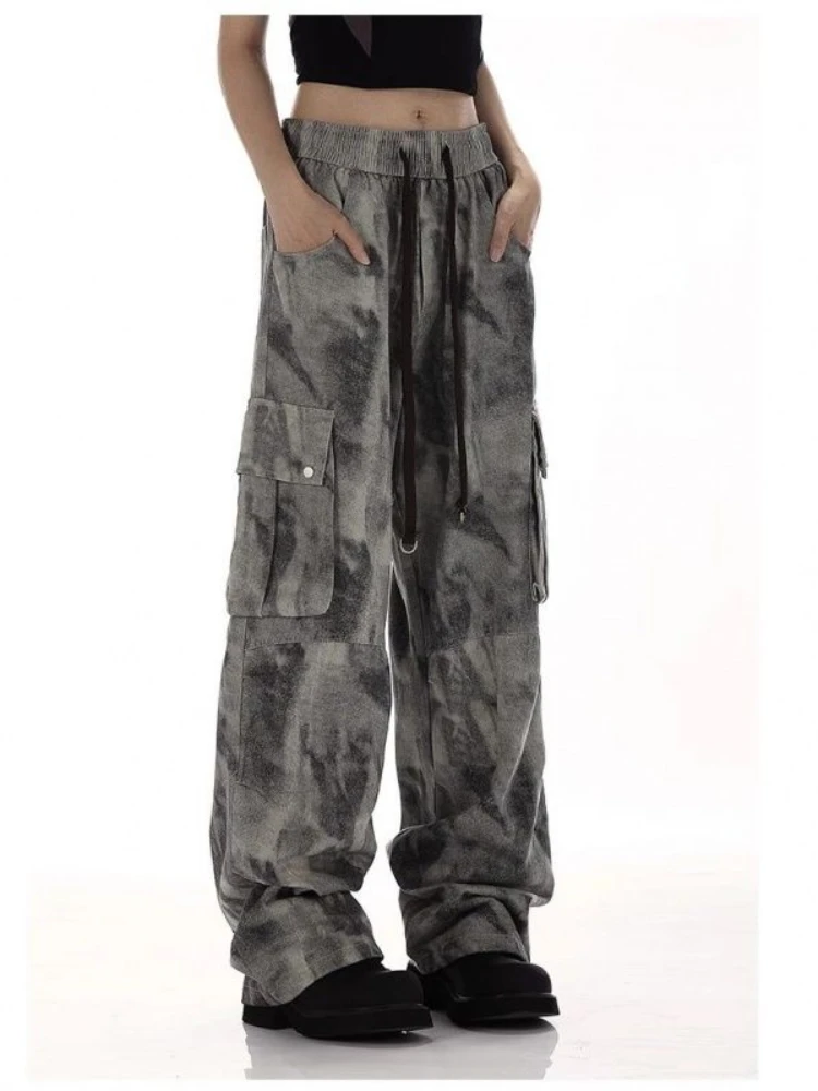 Y2k Harajuku Vintage Cargo Pants Tie Dye High Waist Pockets Lace Up Casual Loose Pantalones Spring Autumn Design Women Clothing