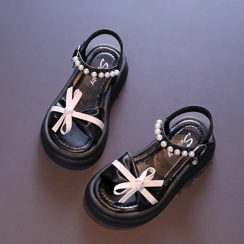 Kids Sandals Pearl Bow Buckle Open Toe, Girls Sandals Summer PU Fashion Sandals, Size 23-36