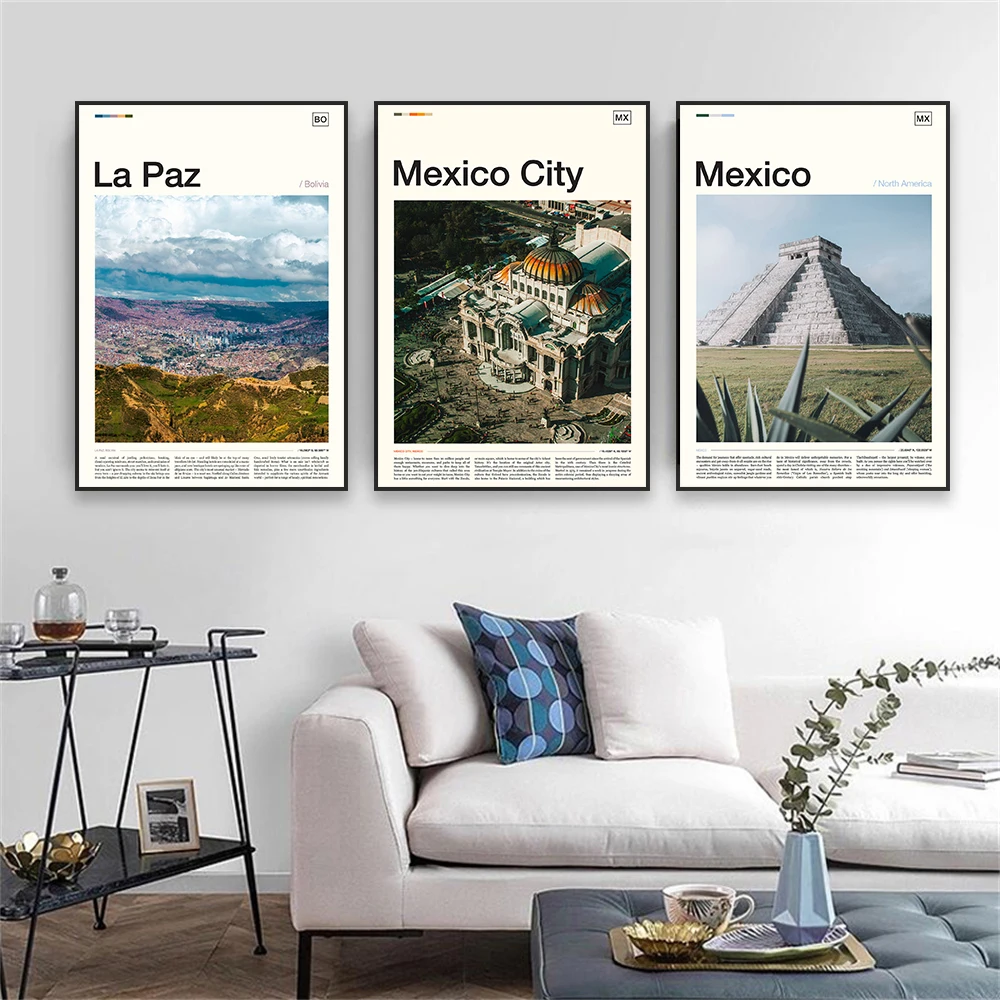 Mexico City Print Travel Poster Vintage La Paz Wall Art Cityscape Prints Colorful Landscape Canvas Painting Reading Room Decor