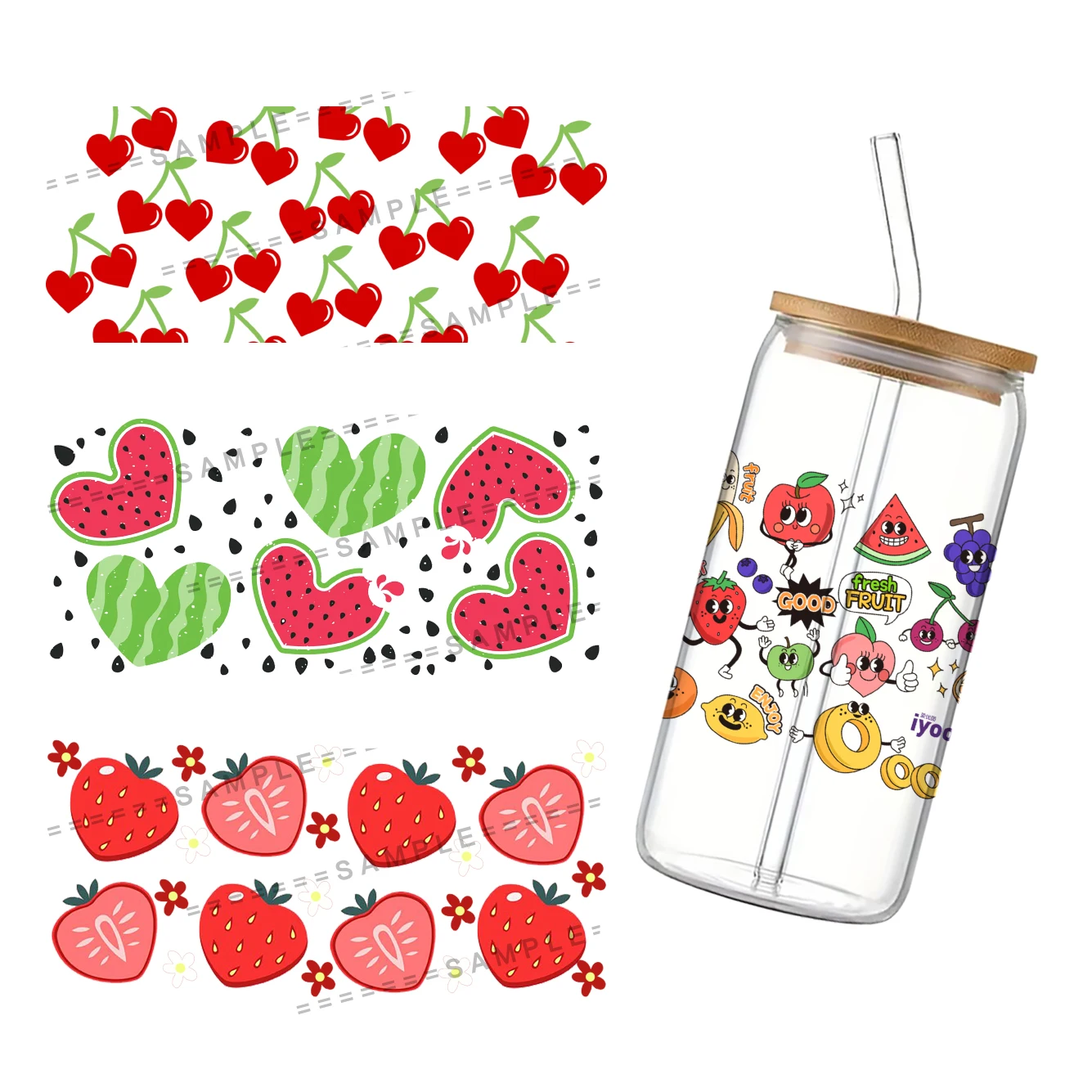 Strawberries Bananas UV DTF Cup Wrap for 16Oz Libbey Glass Can DIY Transfer Sticker Fruit Patterns