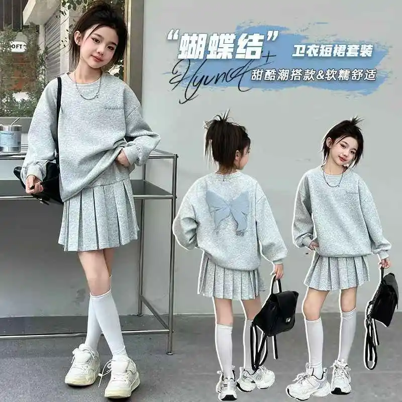 

Комплект для девочек: свитшот с бантом и плиссированная мини-юбка, весна-осень 2025, новый подростковый костюм