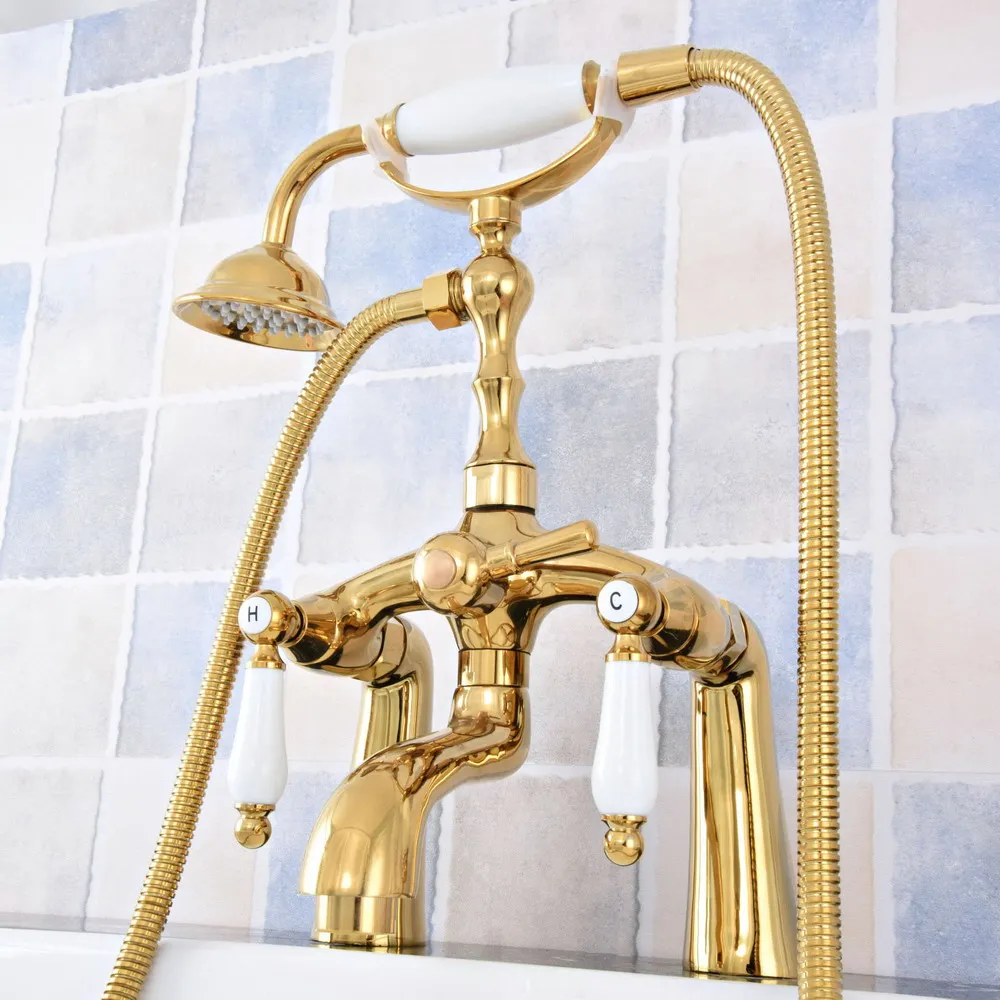 

Luxury Gold Color Brass Deck Mounted Bathroom Tub Faucet Set with 1.5M Handheld Shower Spray Head Bath Mixer Tap 2tf791