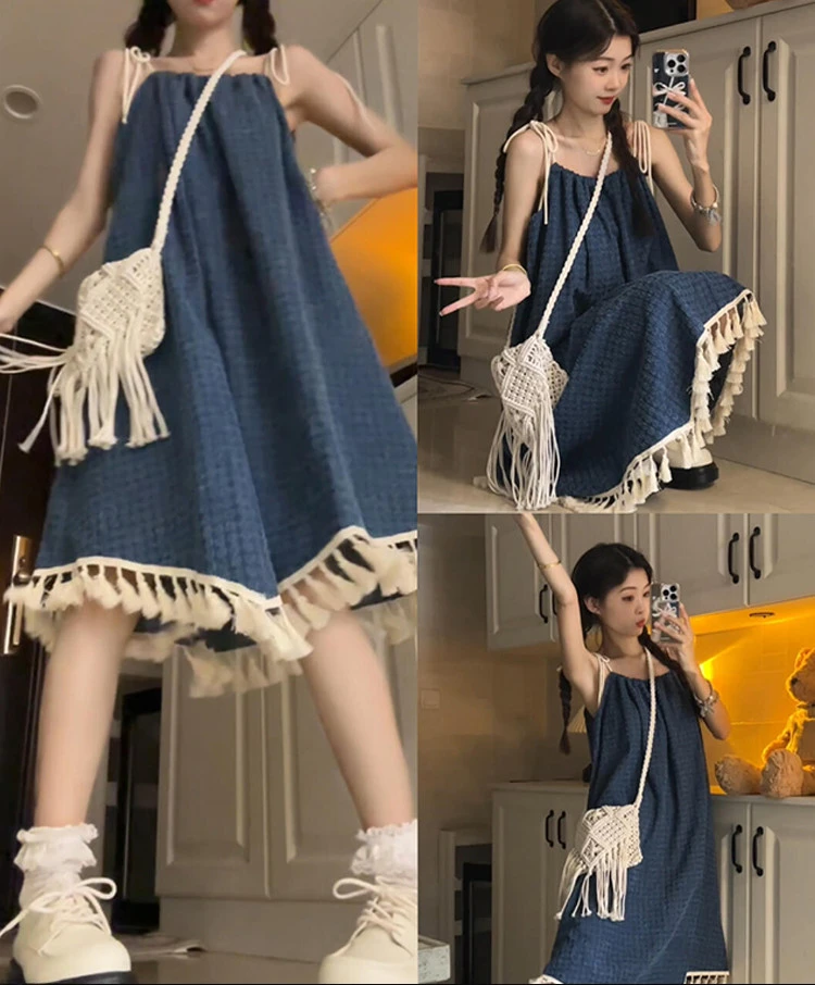 

French denim suspender dress women's summer niche design irregular long skirt