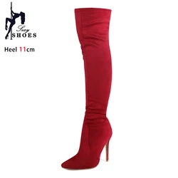 Thigh High Boots Women 2024 Spring Autumn Sexy Over the Knee Long Shoes Stretch Suede High Heels Big Size 43 Red Boots For Woman