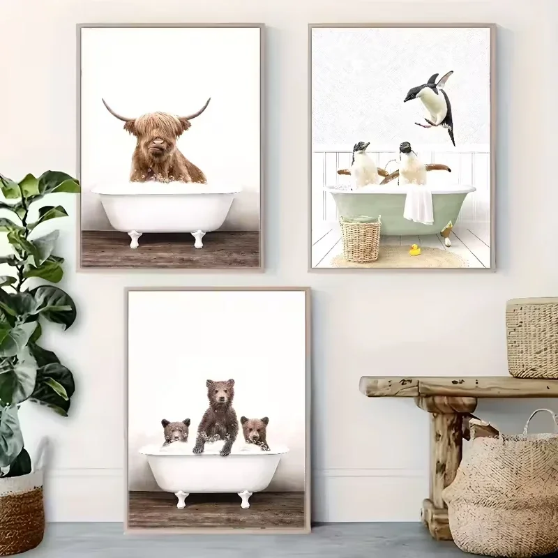 Large-sized frameless 3pcs   Highland Cow Penguins and Bear Animals in The Bathtub Canvas Poster Picture Wall Art Living Room