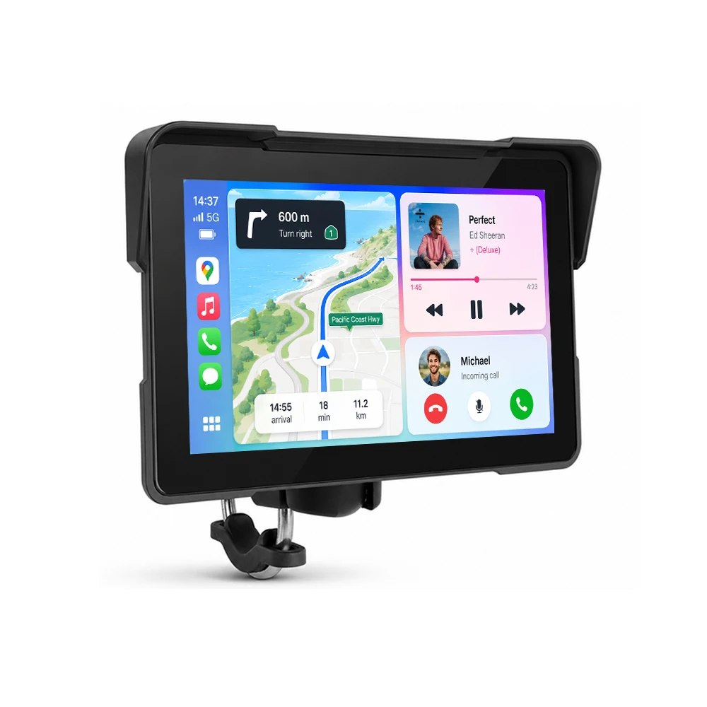 Podofo 7'' Bezprzewodowy Carplay Android Auto Nawigator GPS do motocykla, wodoodporny IP67, dźwięk EQ, odtwarzacz do jazdy na motocyklu, obsługa muzyki przez BT, połączeń, nawigator do jazdy, monitor. — 2