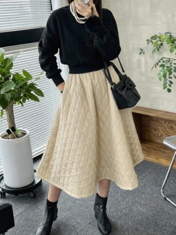 Autumn Winter Diamond Pattern Cotton Vest Jacket Thickened Pocket Half Skirt Wooden  Zipper Female Fashion Outerwear