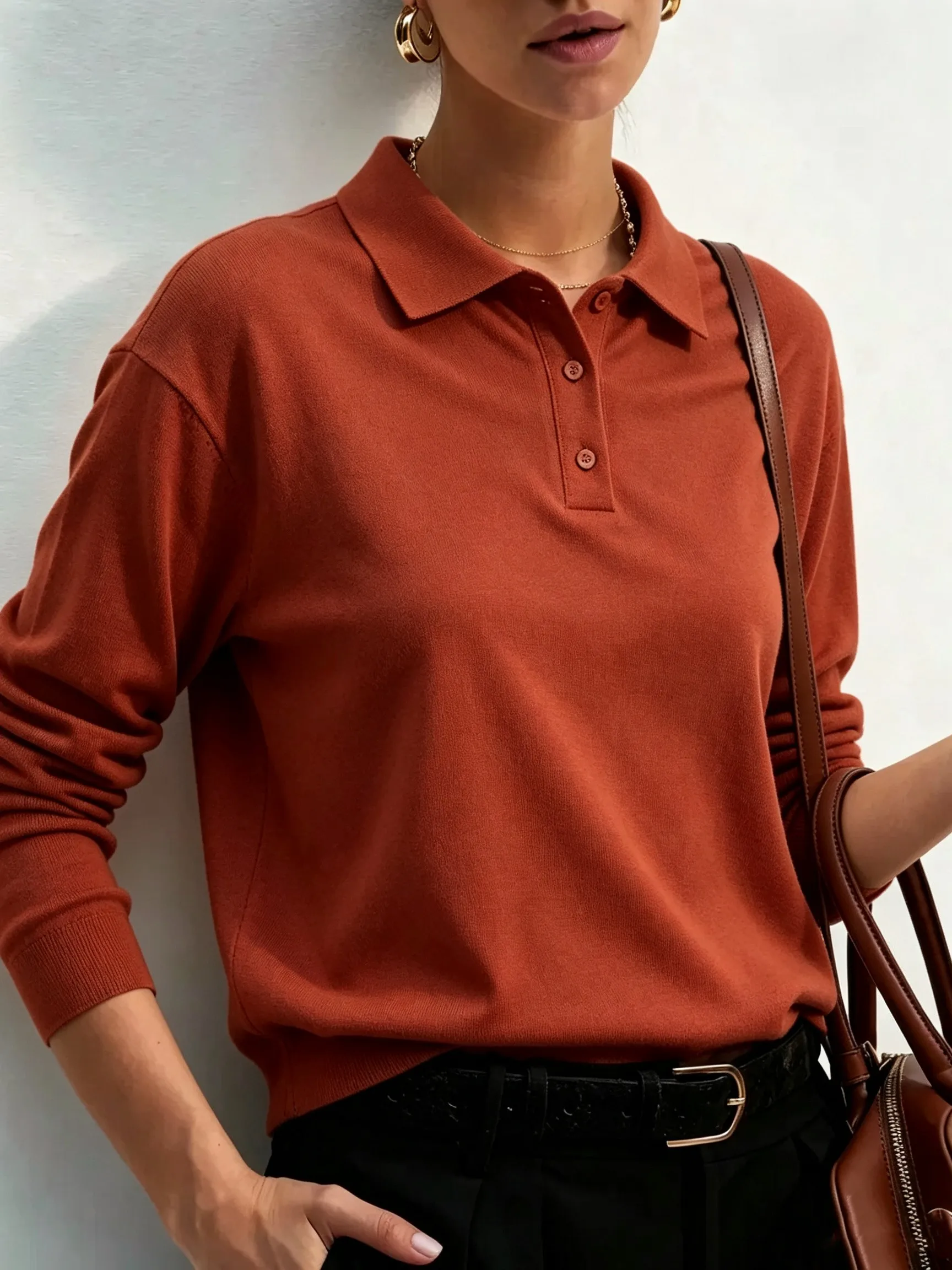 Womens Autumn Solid T-Shirt Work Fashion Polo Shirts Casual Golf Clothing All-Match Turn-down Collar Workwear Button Group Tee