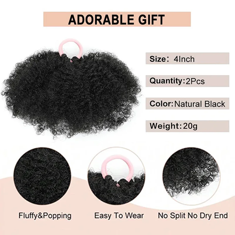 LUPU Synthetic Afro Puff Hair Bun 2PCS Short Puff Ponytail Extension For Kids Children DIY Puff Hair Bun For Daily Festival Wear