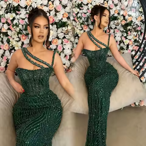 Fashion Luxury Beads Emerald Green Party Dress Long Maxi Halter Evening Night Gowns New Wedding Guest Dress Customized Prom Gown