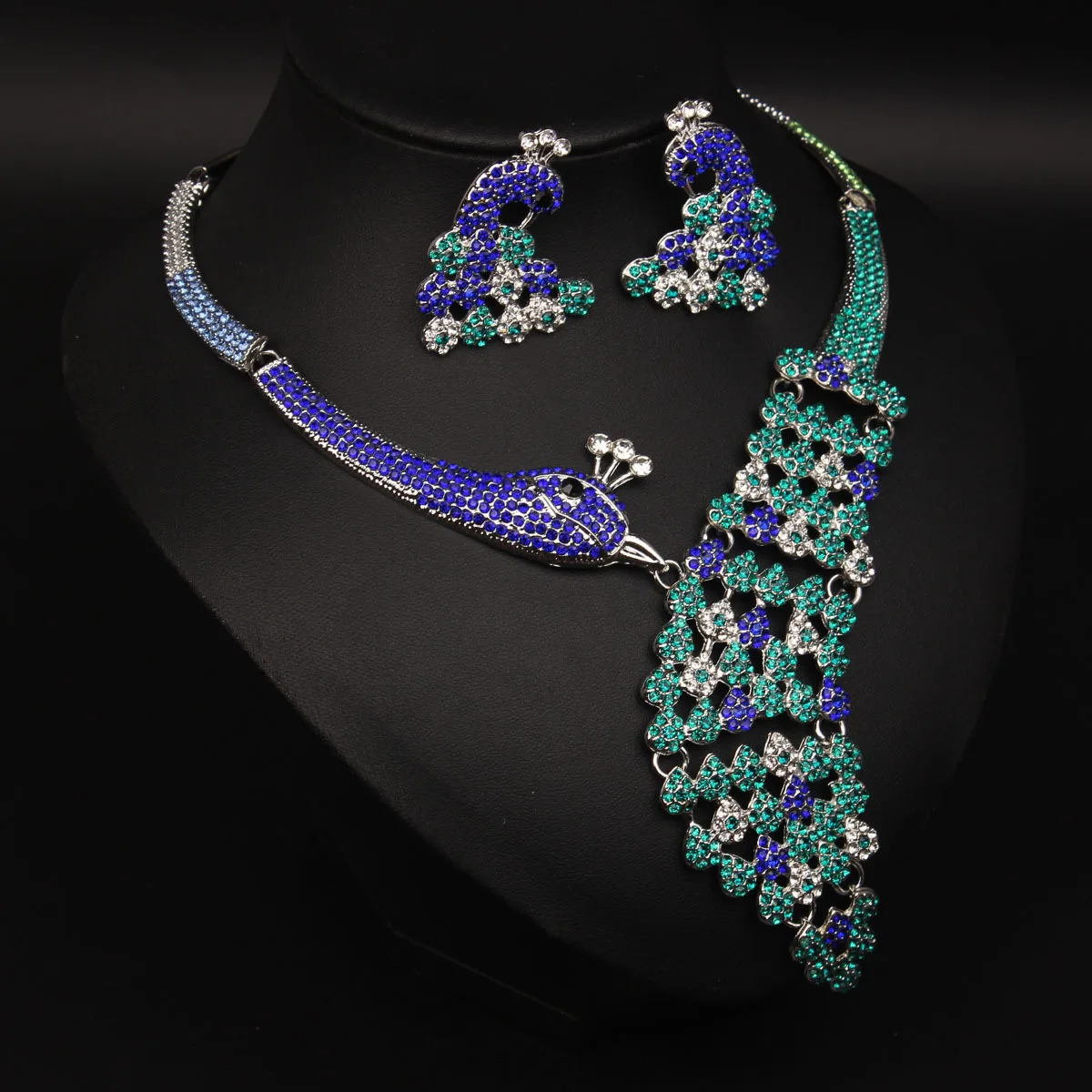 Luxury Crystal Peacock Necklace Earrings Set Women Fashion Banquet Party Choker Jewelry Bride Wedding Accessory