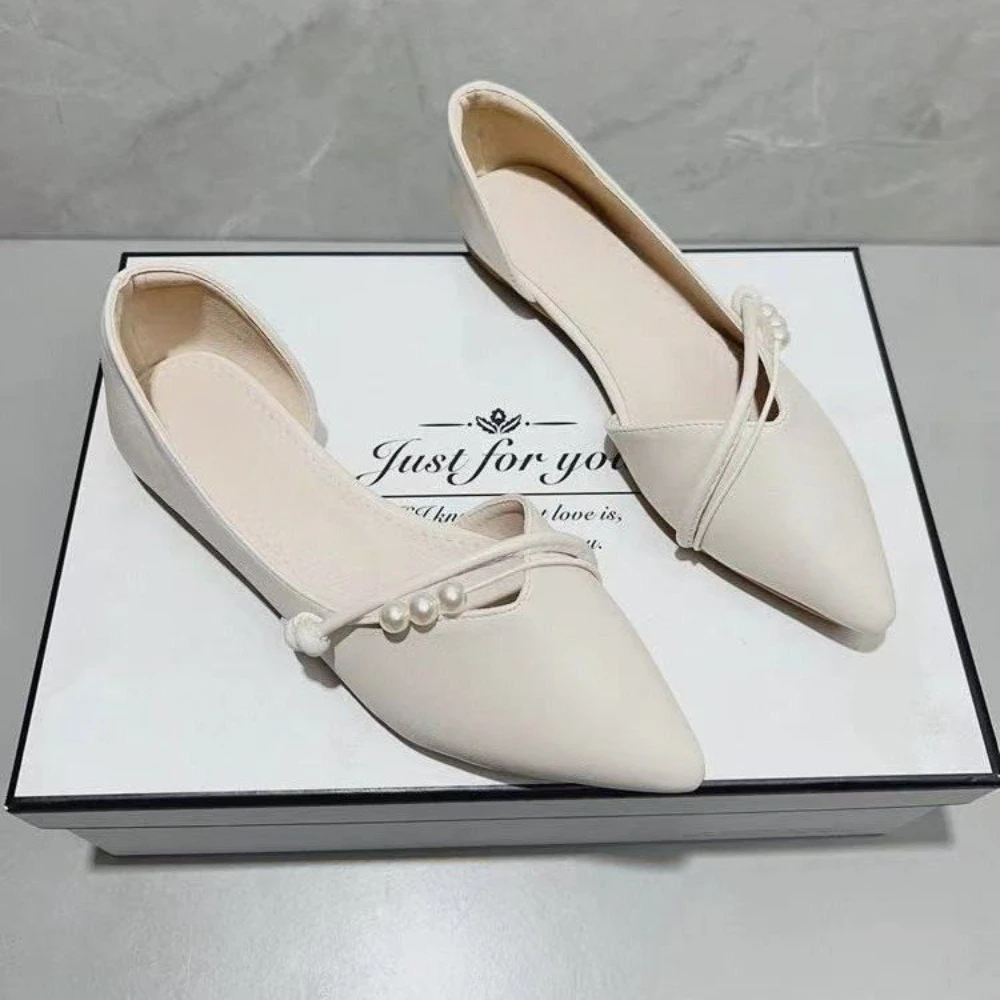Luxe White Cutout Flats Pointed Toe Pearl Accent Strappy Loafers Comfortable Flat Heel Evening Party Wedding Guest Shoes